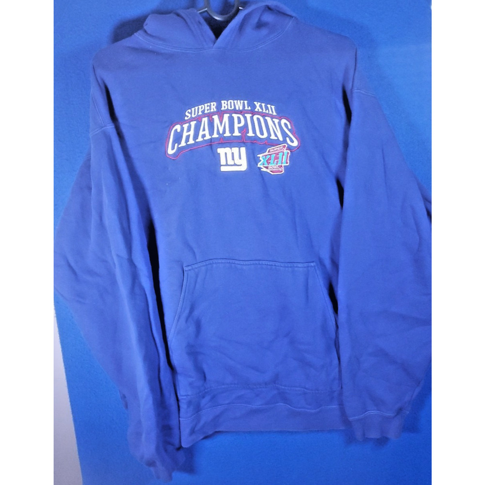 Vintage Reebok NY Giants Super Bowl XLII Champions Hoodie Men's L Blue Pullover